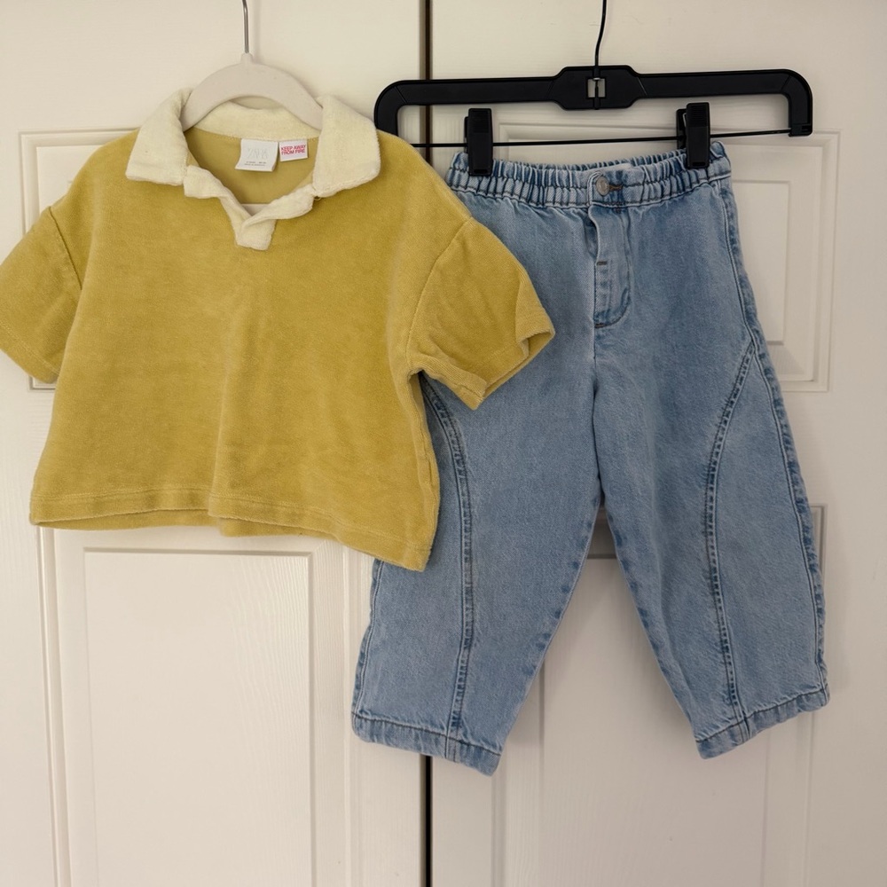 Terry Polo Crop Top & Barrel Light Wash Jean Set